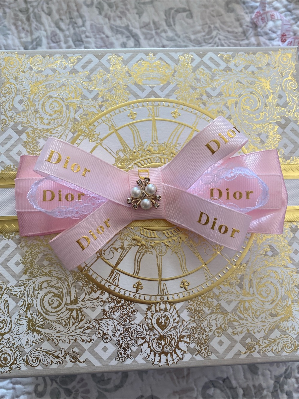 Dior Pink Ribbon Brooch Hairclip Pearl & Crystal Cluster